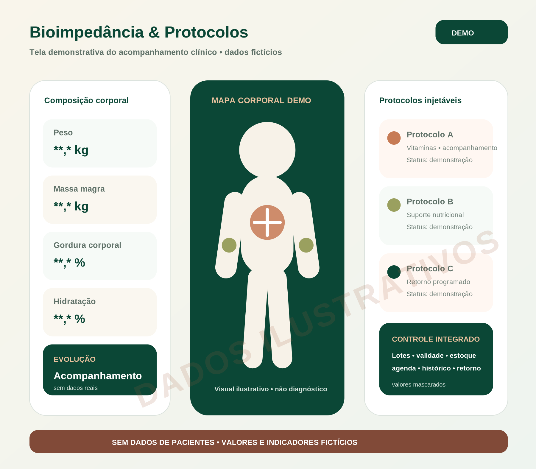 Tela demonstrativa de bioimpedância e protocolos injetáveis com dados fictícios