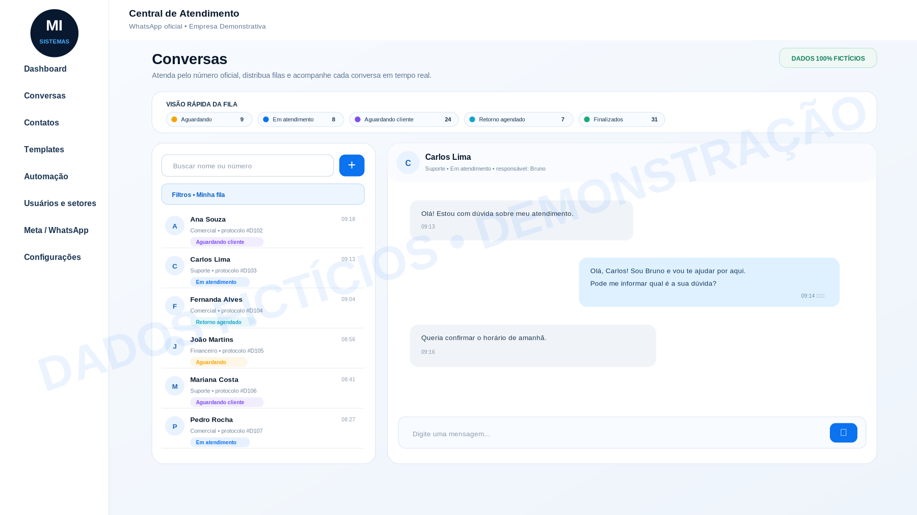 Tela de conversas com dados fictícios